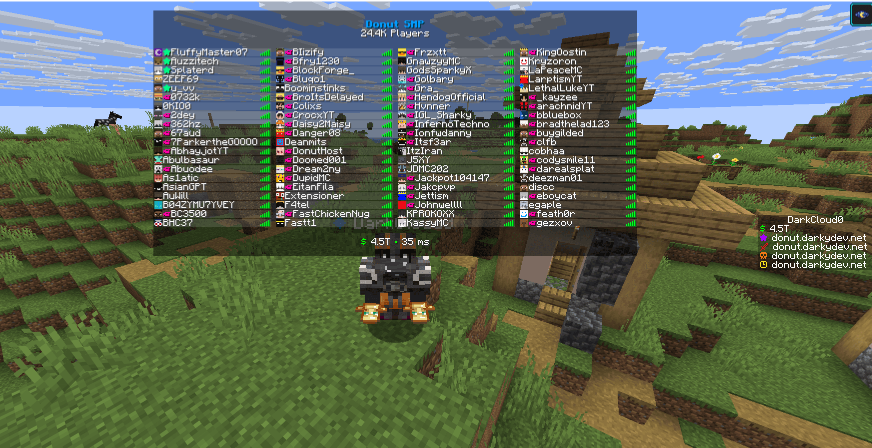 DonutSMP TAB list showing a locally replaced fake balance in the footer