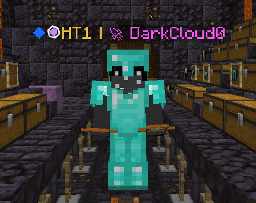 Minecraft player in diamond armor with a custom HT1 fake tier prefix above the character